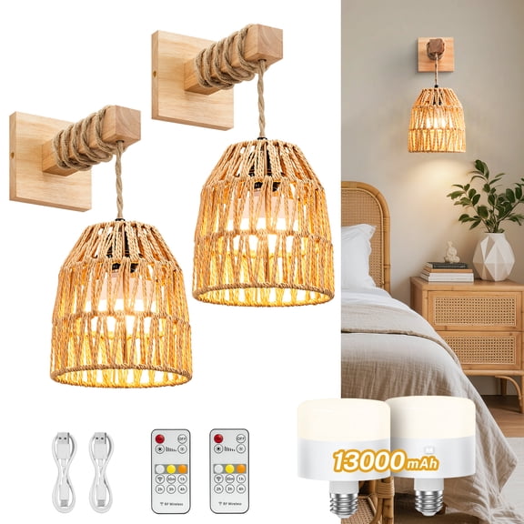 2 PACK Wall Sconces, Battery Operated Wall Sconce with Remote Control, Boho Rattan Bamboo Hanging Wall Light Rechargeable Wireless Wall Lamp for Indoor, Bulbs Included