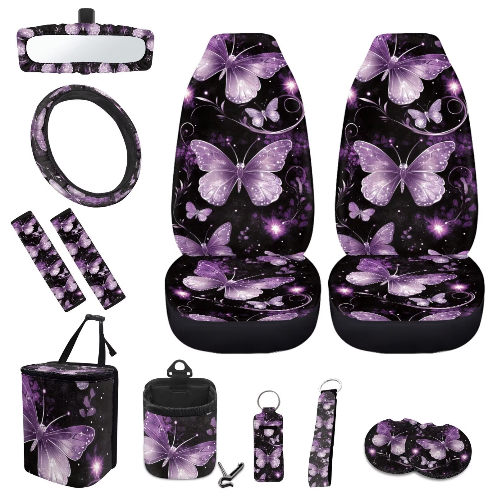 KUIFORTI 12 Pcs Butterfly Car Seat Covers and Accessories for Women, Steering Wheel Cover,Seat Belt Shoulder Pad Mirror Cover Coasters Car Auto Air Vent Keychain Chapstick Holder Car Trash Can