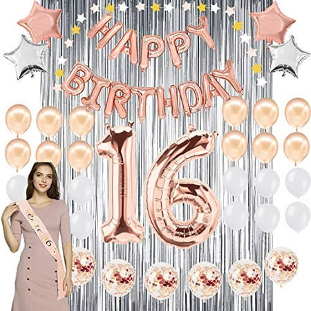 16th Birthday Party Decoration Kit - Assorted Rose Gold Mylar Balloons ...