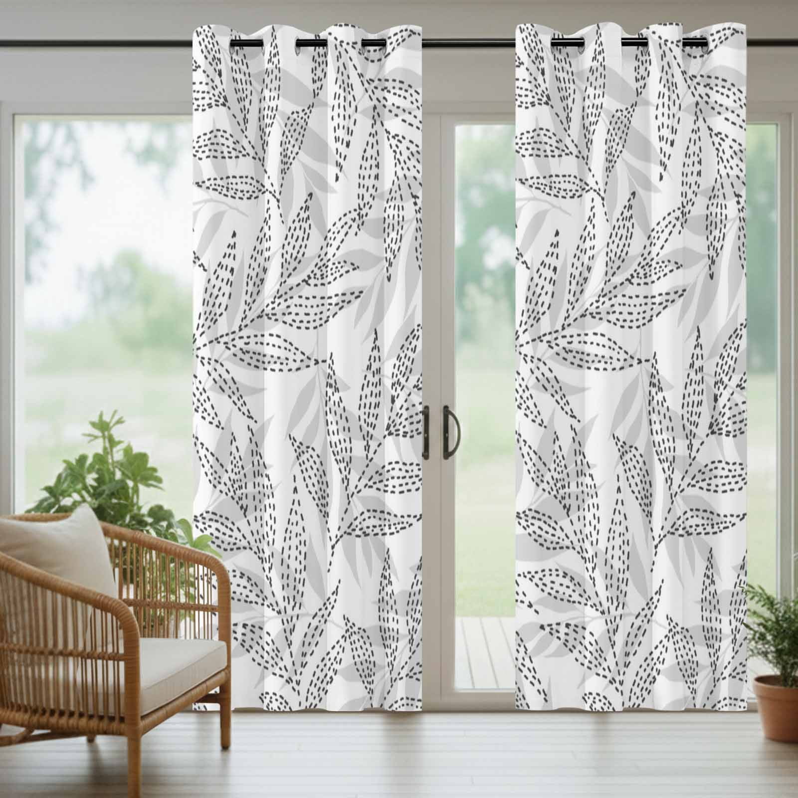 Summer Abstract Leaf Outdoor Curtains for Patio, Country Farm Tropical Grey Leaves Sketch Style Sunshade Privacy Drapes Grommet Waterproof Outside Curtains for Porch/Cabana/Balcony 54"x 108", 1 Panel