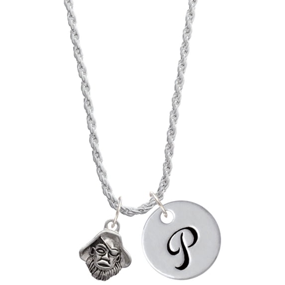 Delight Jewelry Silvertone Small Pirate - Mascot Silvertone Script Initial Disc - P - Charm Necklace, 20"+3"