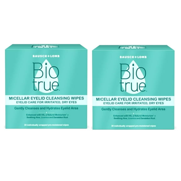 Biotrue Micellar Eyelid Cleansing Wipes, Eyelid Care for Irritated and Dry Eyes from Bausch   Lomb, Fragrance Free, Soothing, Naturally Inspired, Pack of 30 - 2 Pack