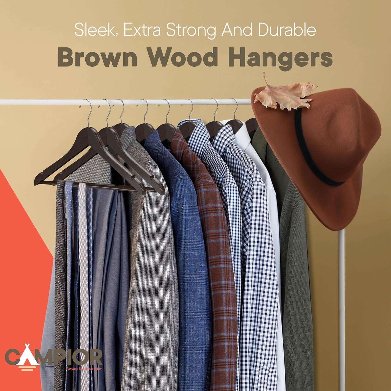 Brown Wooden Hangers 60 Pack – Heavy-Duty with 360° Swivel Hook, Non-Slip, Pants Bar & Shoulder Grooves - Wooden Hangers for Suits, Jackets, Dresses & Camisoles, Space-Saving and Smooth Finish