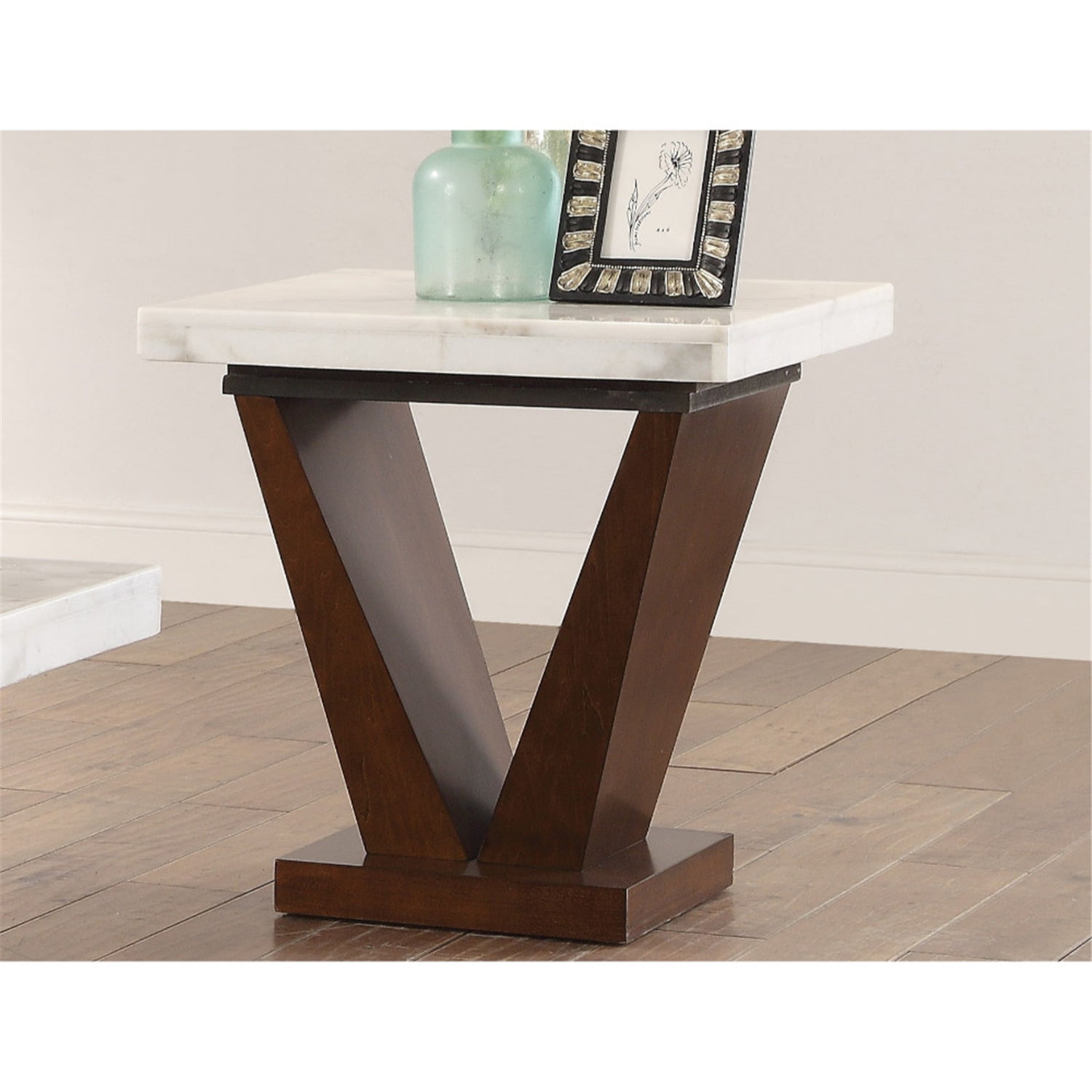 Benzara Square Marble Top End Table With Wooden "V" Shape Base, White