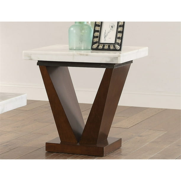 Benzara Square Marble Top End Table With Wooden "V" Shape Base, White