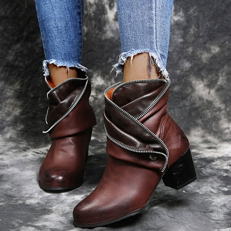 

ERTUTUYI European And American Style Large Size Thick High Heel Mid Tube Women s Boots Brown 38