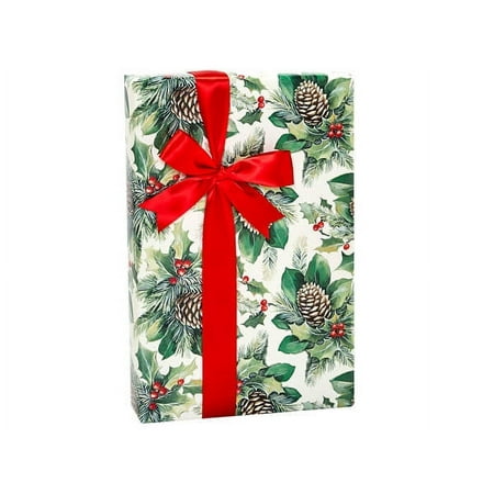 Pack of 1, Boughs of Holly Gift Wrap, 24"x85' Cutter Roll for Celebration, Party, Holiday, Birthday and Events, Made in USA