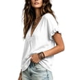 thumbnail image 5 of DeHolifer Women's Tops Cotton Linen V-Neck Ruffle Sleeve Solid Color Casual Lightweight Tee T-Shirts White L, 5 of 7