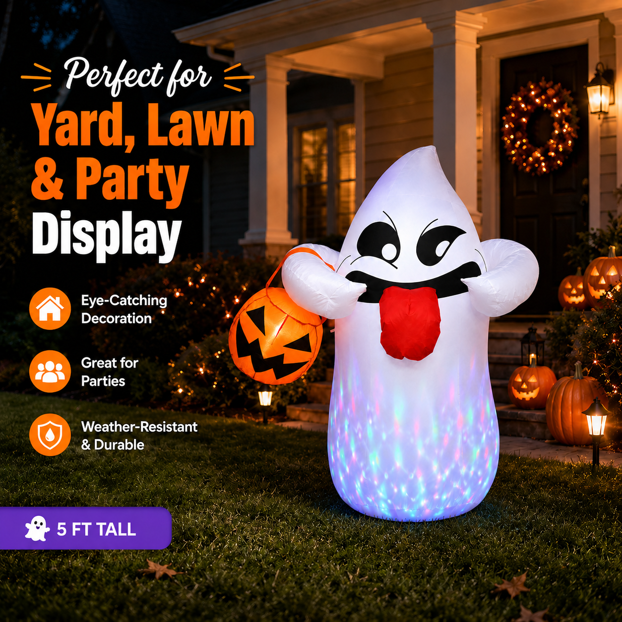 Beeprincess 5 Ft Halloween Inflatable Ghost with Pumpkin, RGB LED Lights photo 3