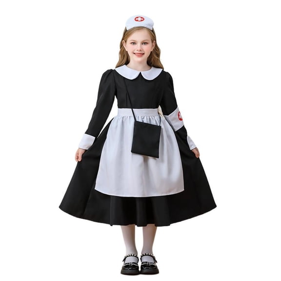 XXWXYD Girls 𝖢arnival Par𝗍y Nurse Costum𝖾 Long Sleeve Maxi Dress with Nurse Headwear Apron Armband Caregiver Role Play Outfit Halloween Celebration Wear Kids Toddler