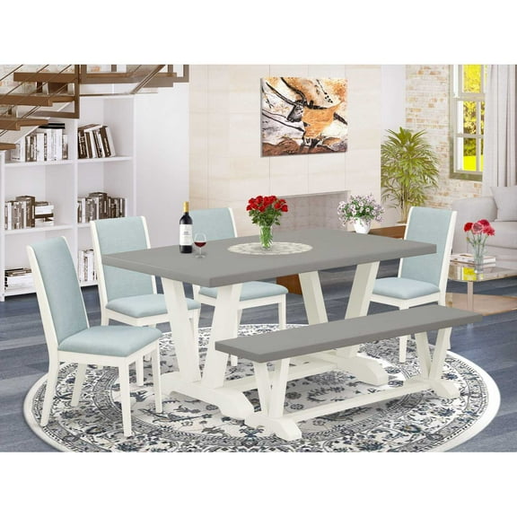 East West Furniture V-Style 6-piece Wood Dining Room Table Set in White/Cement