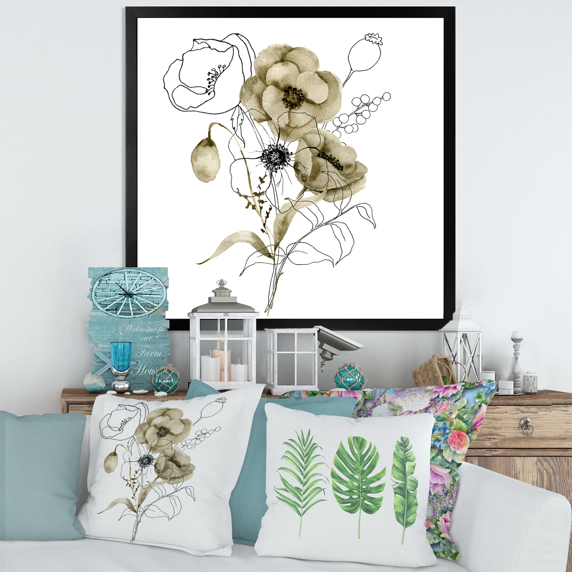 Designart 'Eucalyptus Branches With Anemone Bouquet Flower' Traditional Framed Art Print