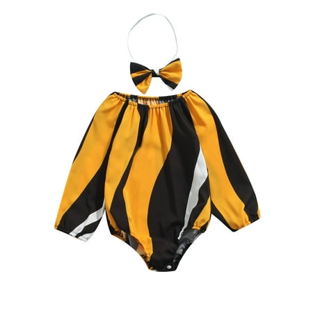 

IZhansean Newborn Infant Baby Girls Romper Autumn Spring Long Sleeve Jumpsuit Striped Playsuit Outfits Black Yellow 6-12 Months