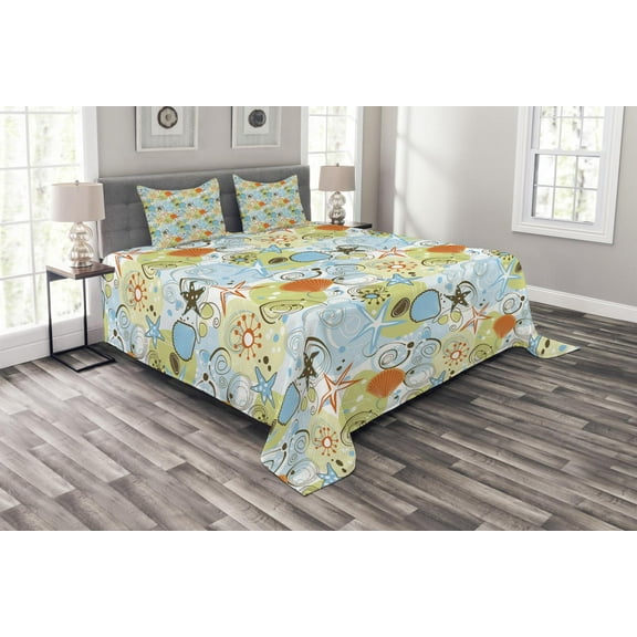 Ambesonne Sea Shells Quilted Bedspread Set 3 Pcs, Retro Beach Pattern, Queen Size, Multicolor