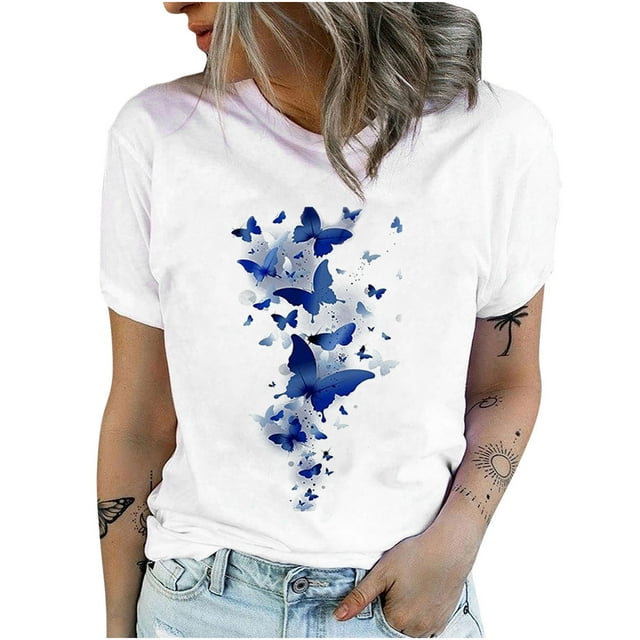 Pompotops T-Shirts à Col Rond Imprimé Papillon pour Femmes, Manches Courtes, Blouse