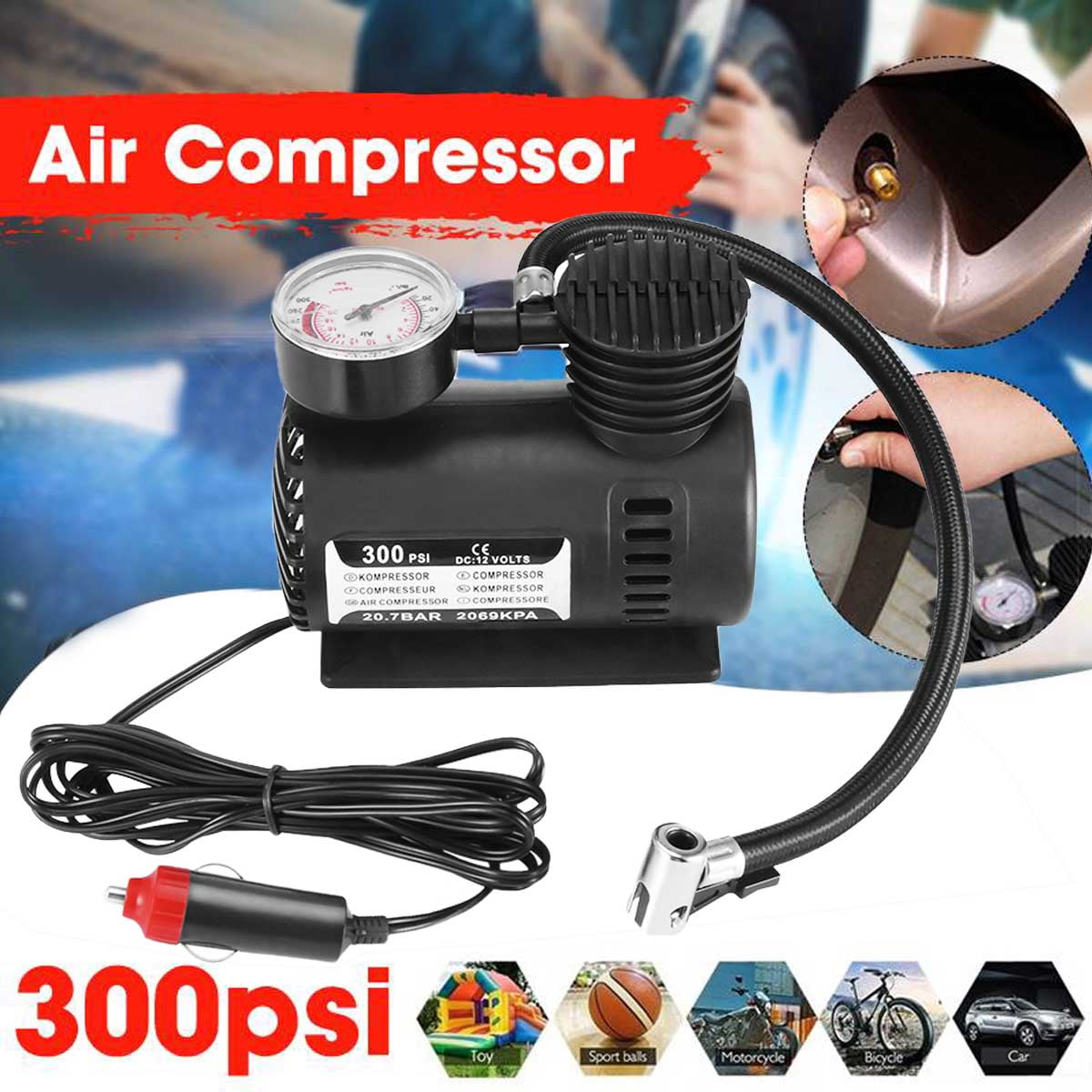 300 PSI 12V Portable Mini Air Compressor W/Gauge Auto Car Tire Infaltor Pump 