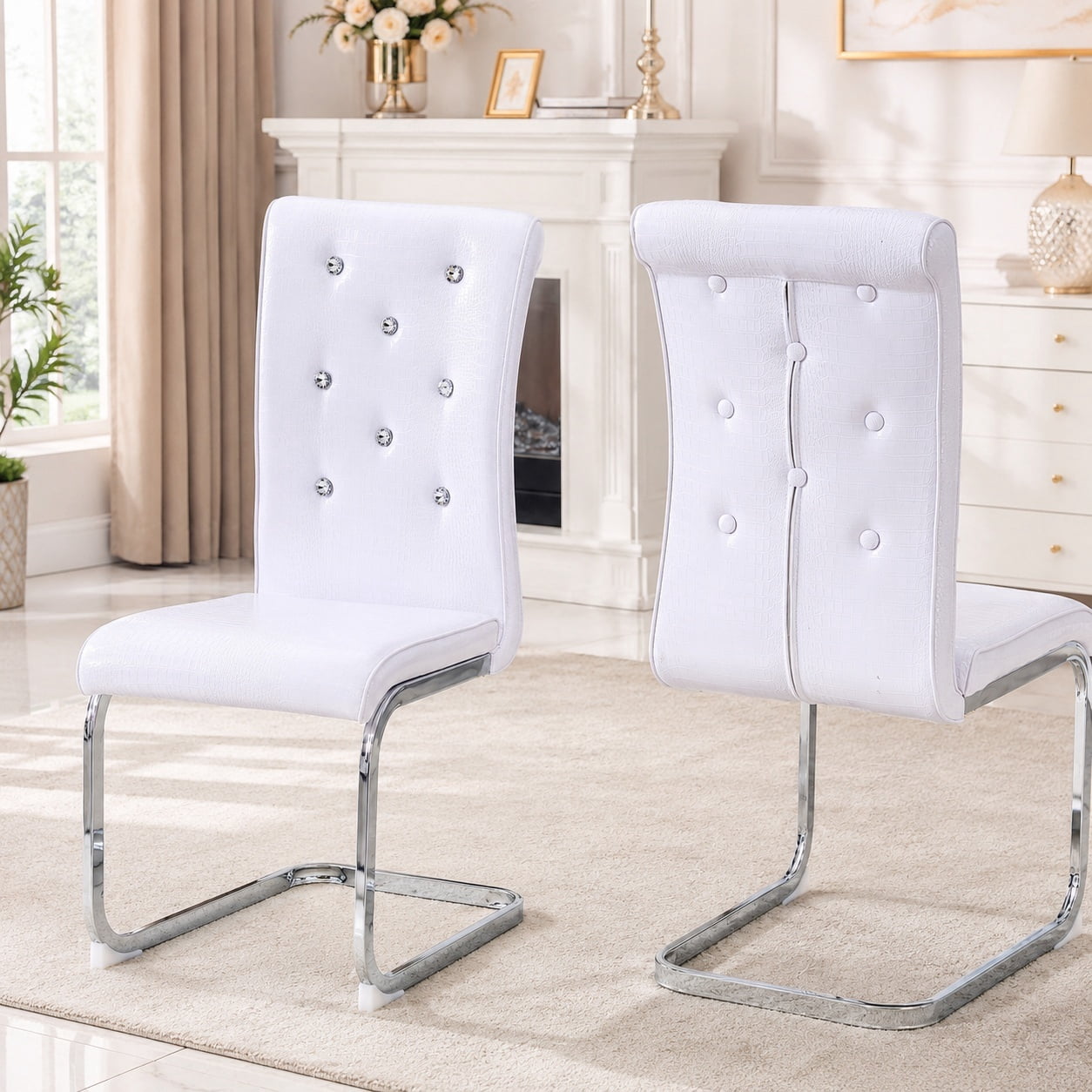 Aukfa Modern Dining Chairs Set of 2 , 400 lbs Heavy-Duty Faux Alligator Leather Kitchen Chairs with Crystal Button Tufted High Back,White