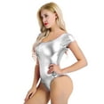 thumbnail image 3 of ZDHoor Women's Shiny Metallic PVC Leather Ballet Leotard Gymnastics Bodysuit Short Sleeve Unitard Tops Silver S, 3 of 7