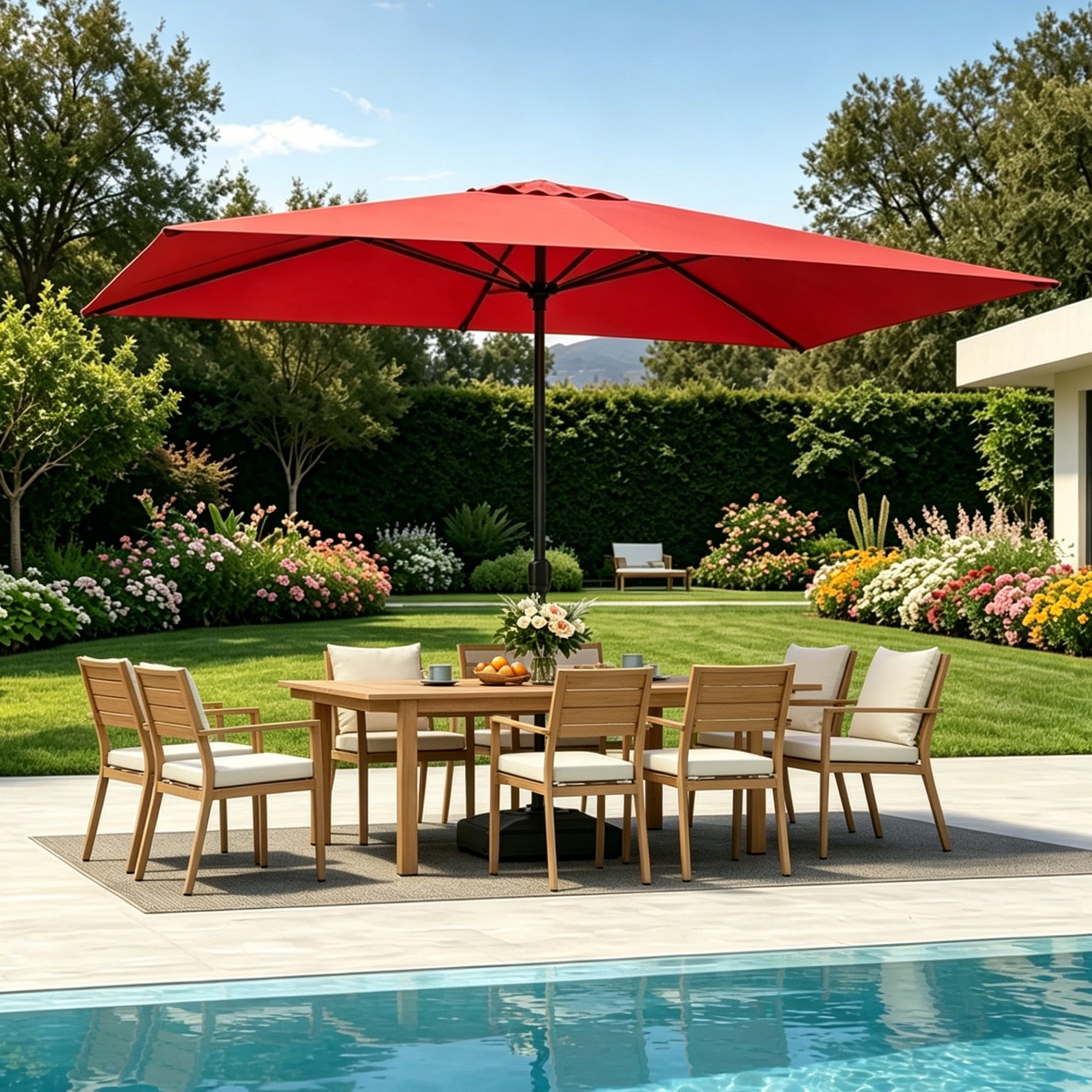 Kool 10x6.5ft Rectangular Patio Umbrella with Crank Handle, Outdoor Market Umbrella with 6 Sturdy Umbrella Ribs, Waterproof, Red