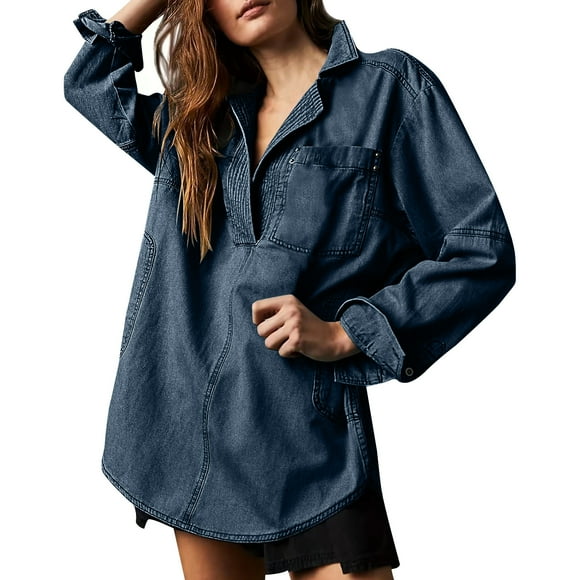 WRKEKC Women's Denim Shacket V Neck Distressed Wash, New Arrival Long Sleeve Western Style Jacket