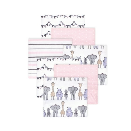 Little Treasure Hudson Baby Girls Cotton Poly Flannel Receiving Blankets 7-Pack, Pink Royal Safari, 30x30 inches