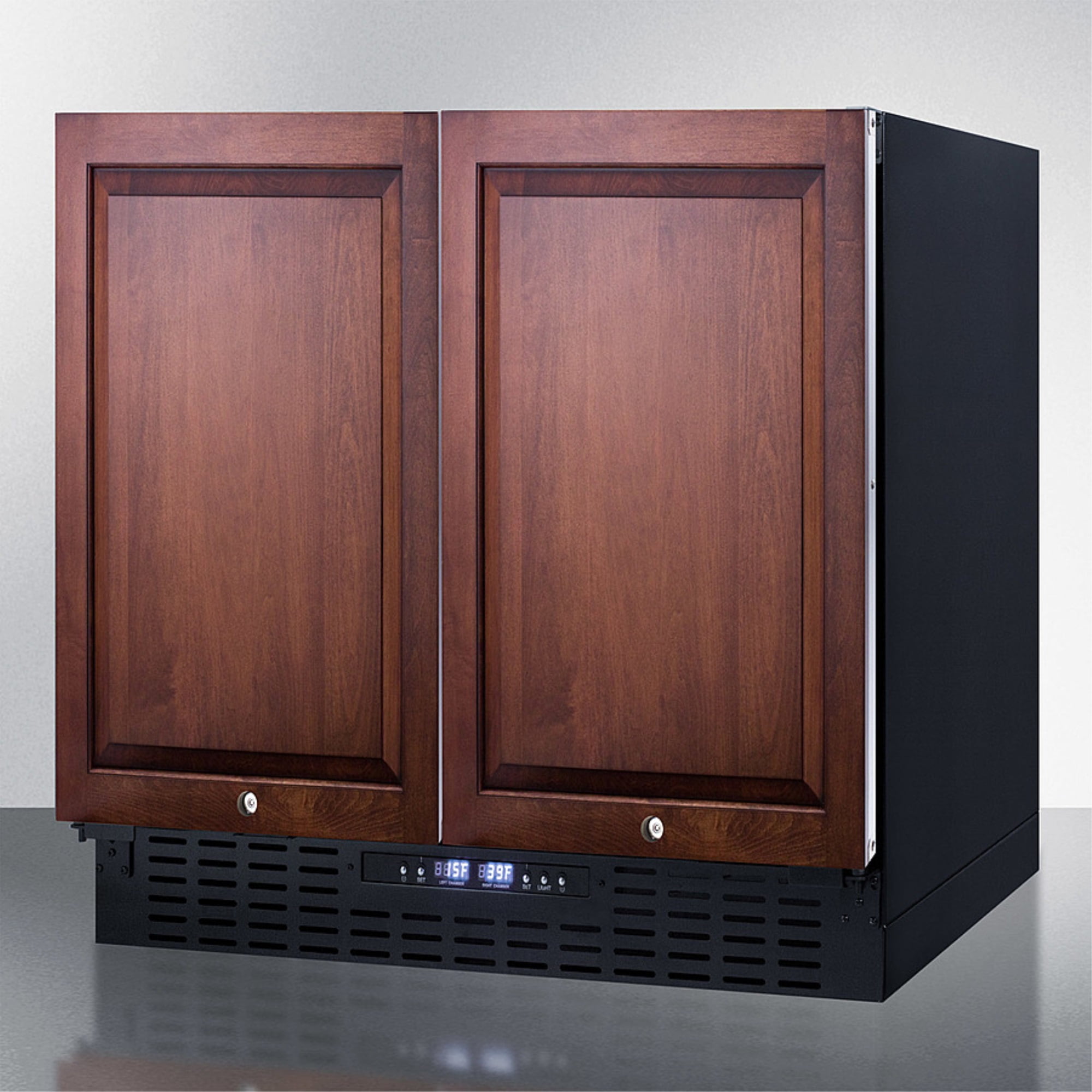 36" wide frost-free side-by-side undercounter refrigerator-freezer black cabinet, panel-ready doors, and digital controls