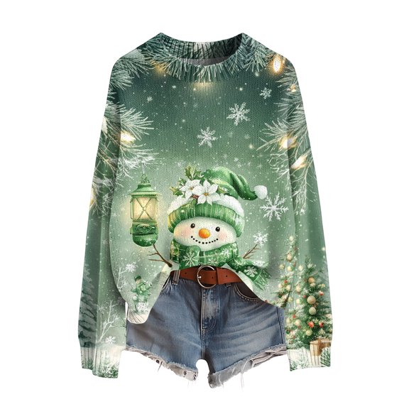 Women's Funny Christmas Sweater Round Neck Christmas Snowman Print Knitted Top for Winter Holiday and Casual Wear,Army Green,L