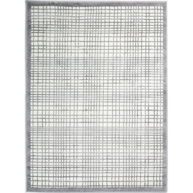 Beautiful Soft Turkish Grey White Contemporary Geometric Squares Area Rug Carpet, 6'5" x 9'5"
