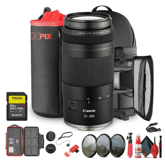 Canon RF 75-300mm f/4-5.6 Telephoto Zoom Lens Bundle with Filter Kit, Lens Bag, 64GB Card, Cleaning Kit (International Model)