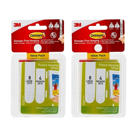 3M Command Picture Hanging Strips Damage Free 4 Medium Pairs 8 Large Pairs White, 2-Pack