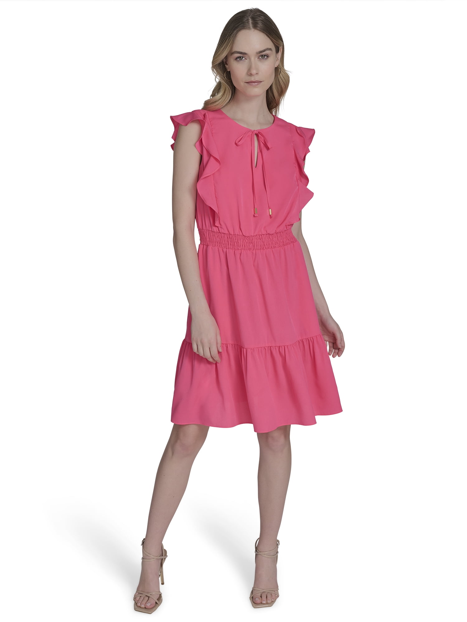 Falling Flowers Women's Smocked Fit & Flare With Ruffle Details Short Dress, Sizes XS-XL