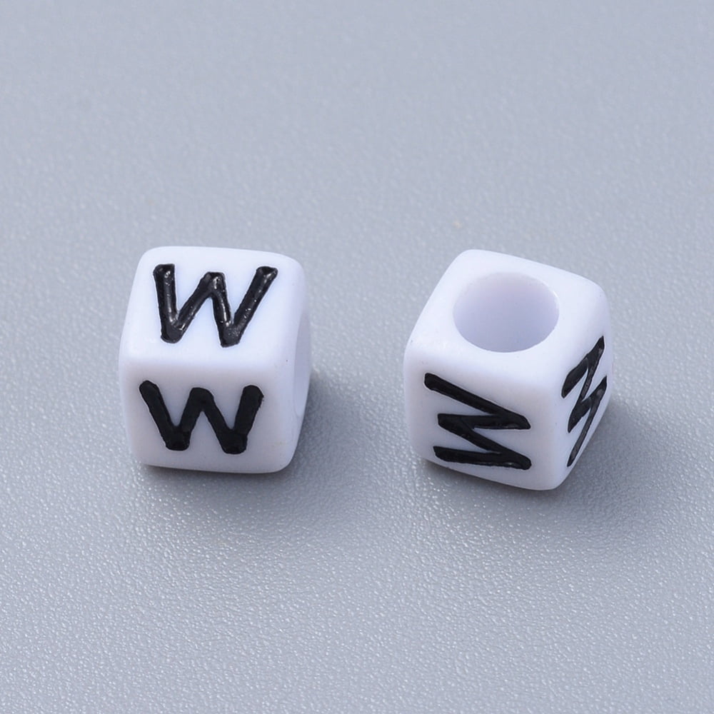 Acrylic Horizontal Hole Letter Beads Cube White Letter W Size: 6mm wide 6mm long 6mm high hole: 3.2mm 2600pcs/500g