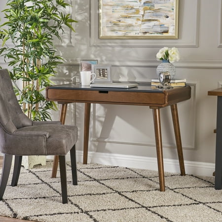 Faux Leather Desk - Christopher Knight Home Peninah Mid Century Faux Rubberwood Writing Desk by charcoal grey + medium brown
