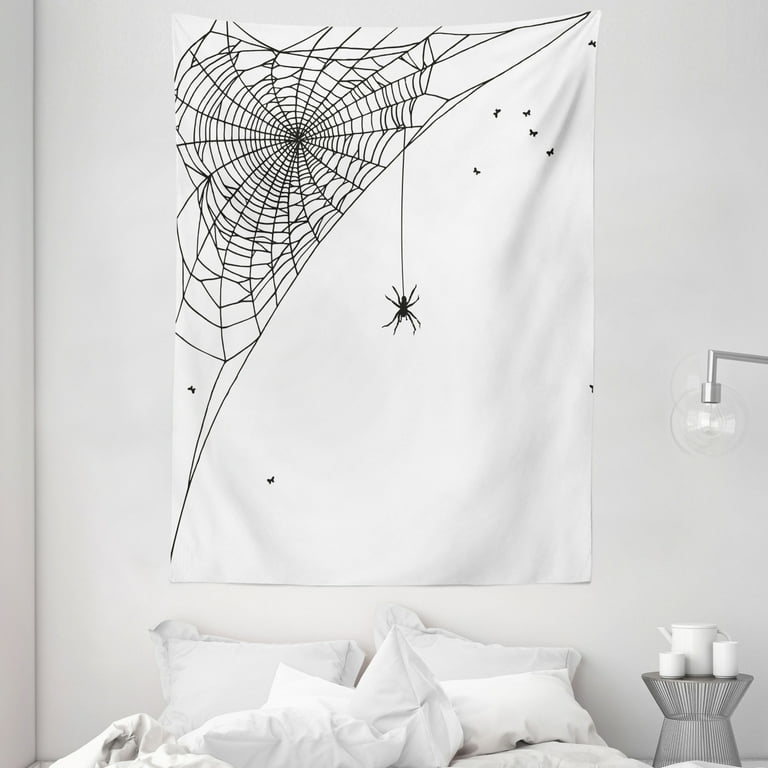 Spider Web Tapestry Corner Cobweb with a Hanging Insect Hand Drawn Style Gothic Design with Flies Wall Hanging for Bedroom Living Room Dorm Decor