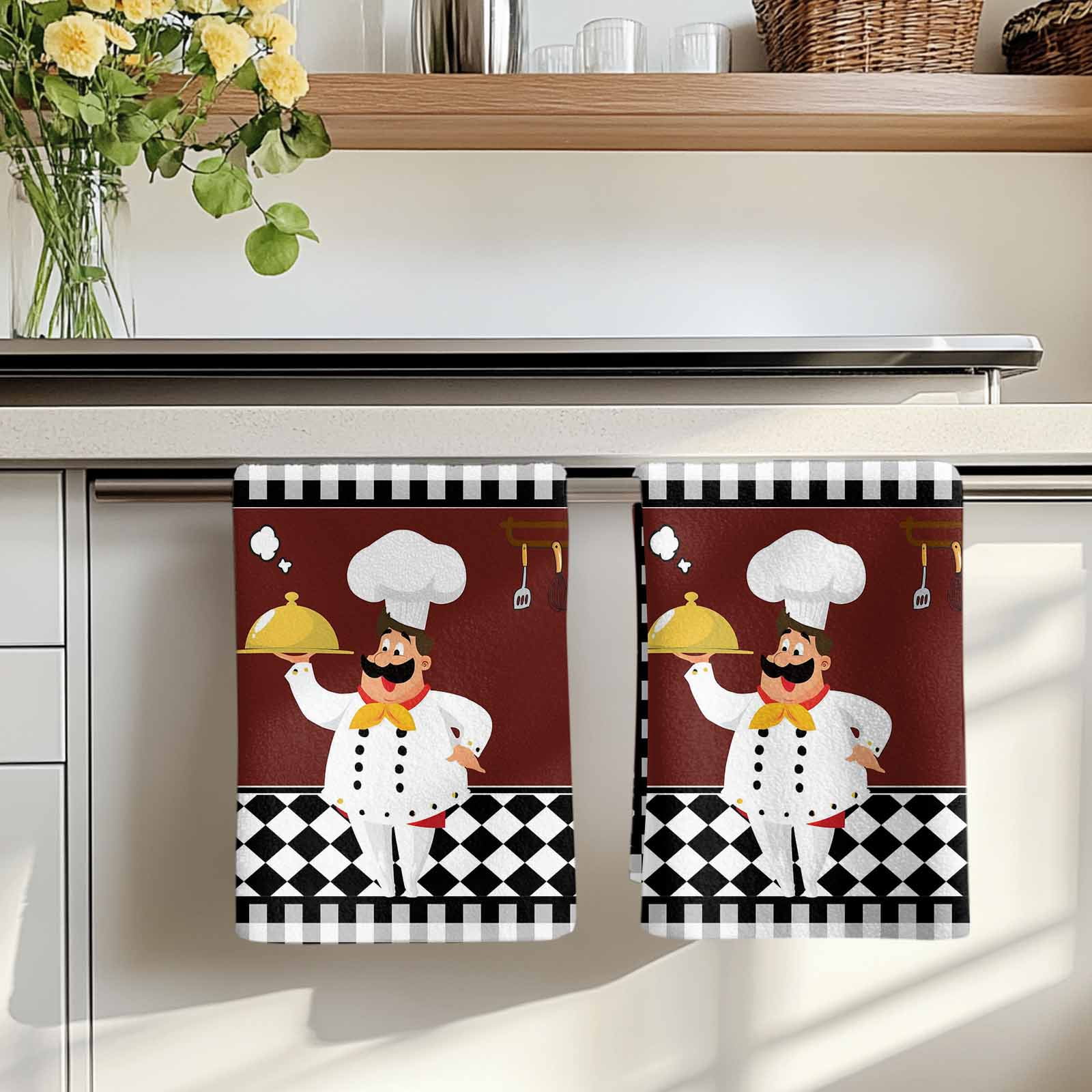 Dish Towels, Cartoon Chef Absorbent Kitchen Towels 2 PCS, Kitchen Gourmet Black Plaid Microfiber Hand Towels Dish Cloths Tea Towels for Home&nbsp;Bathroom Cleaning Drying,18X28-Inch,