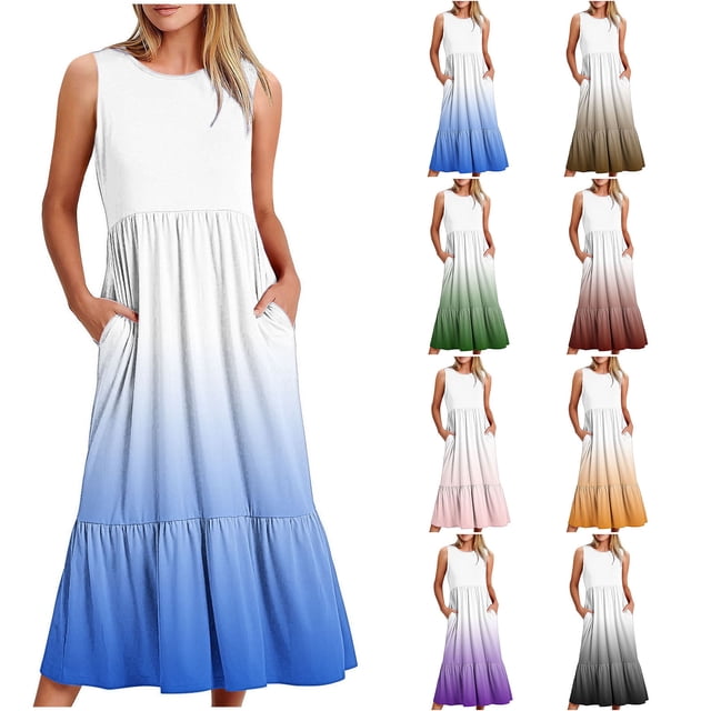 2024 Longues Robes Maxi à Bretelles Spaghetti pour Femmes Été, Robes Maxi Sans Manches à Dégradé pour Femmes Grande Taille, Robes d'Été Décontractées à Col Rond pour la Plage, Robe Maxi Fluide à Étages pour Femmes