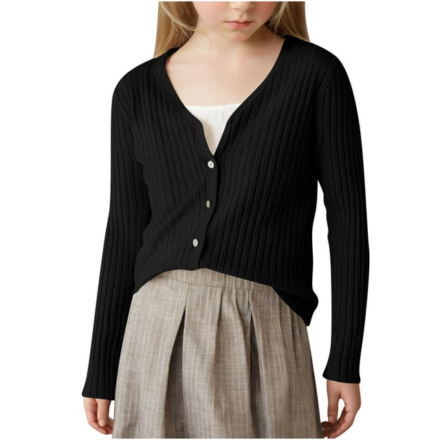 tarylea Girl Outfits V Neck Ribbed Knitted Sweater Solid Color Button down Long Sleeve Cardigan Trendy Fall Casual Wear Tops