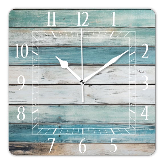 14 Inch Wall Clock Battery Operated Square Clock Decorative for Office, Kitchen, Outdoor, Living Room，Turquoise Wooden Print