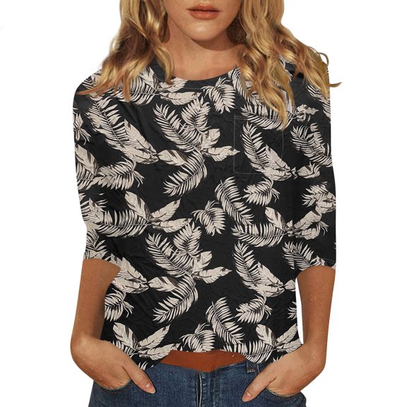 Women's Floral Print Casual Round Neck 3/4 Sleeve Blouse Lightweight, Breathable, Comfortable Top