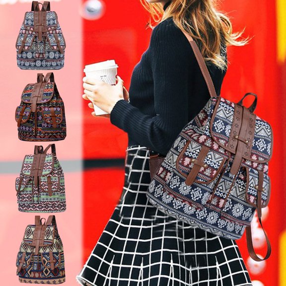 JOGZMZ Ethnic Pattern Canvas Backpack, Bohemian Travel Bag with Adjustable Drawstring, Vintage Crossbody Bag for Women