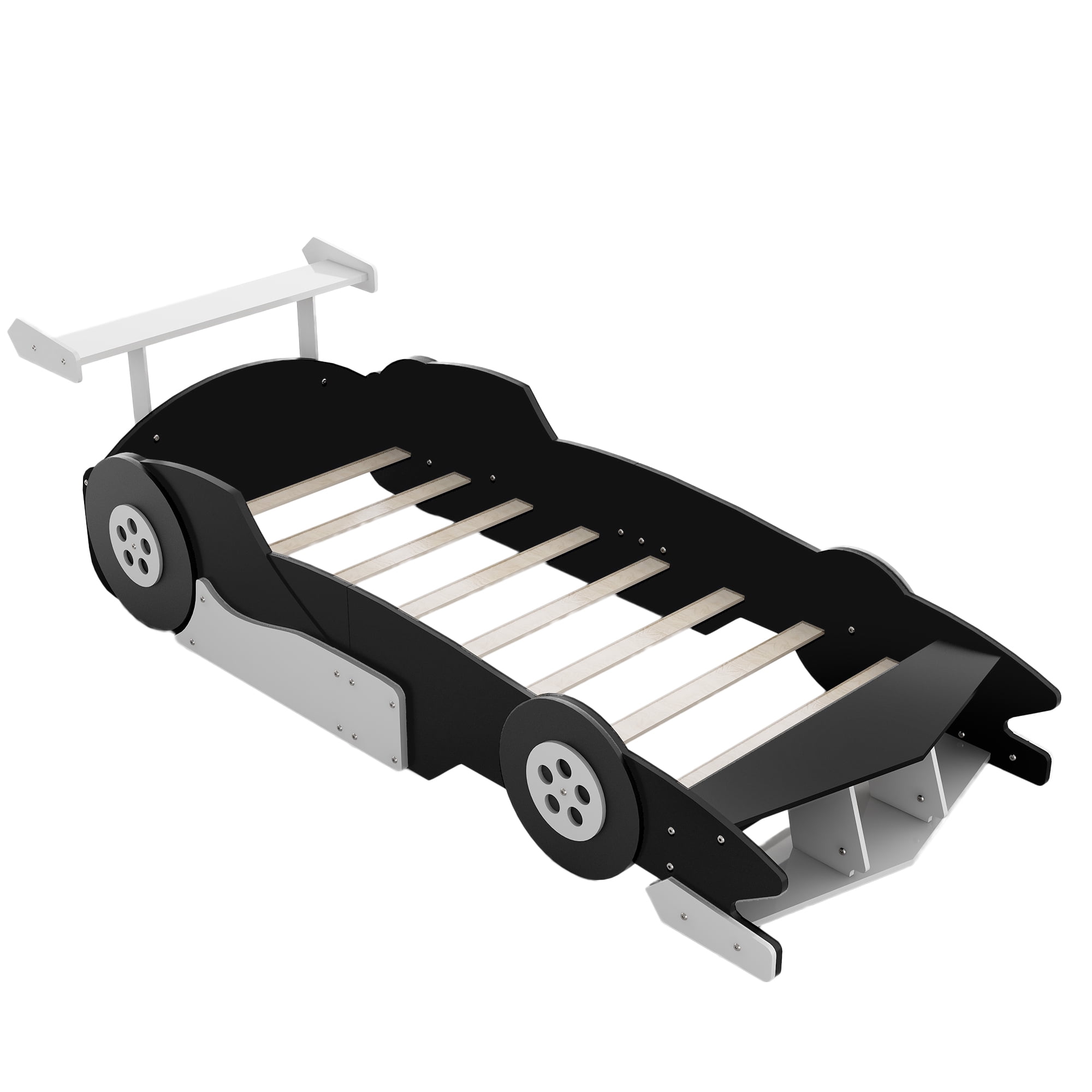 Aukfa Twin Size Race Car Bed for Kids/Toddlers, Wooden Car-Shaped Platform Bed with Wheels and Safety Guardrails, Black