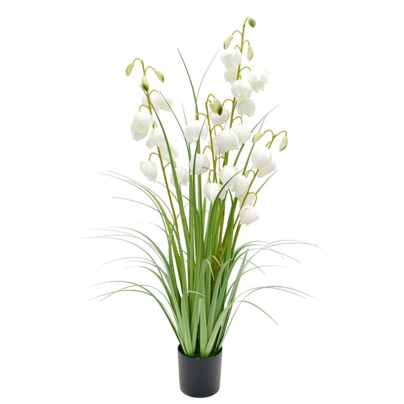 3FT Artificial Grass Plant with White Lily of the Valley Blooms in Black Pot, Tall Faux Potted Floor Plant for Home Office Wedding Decor
