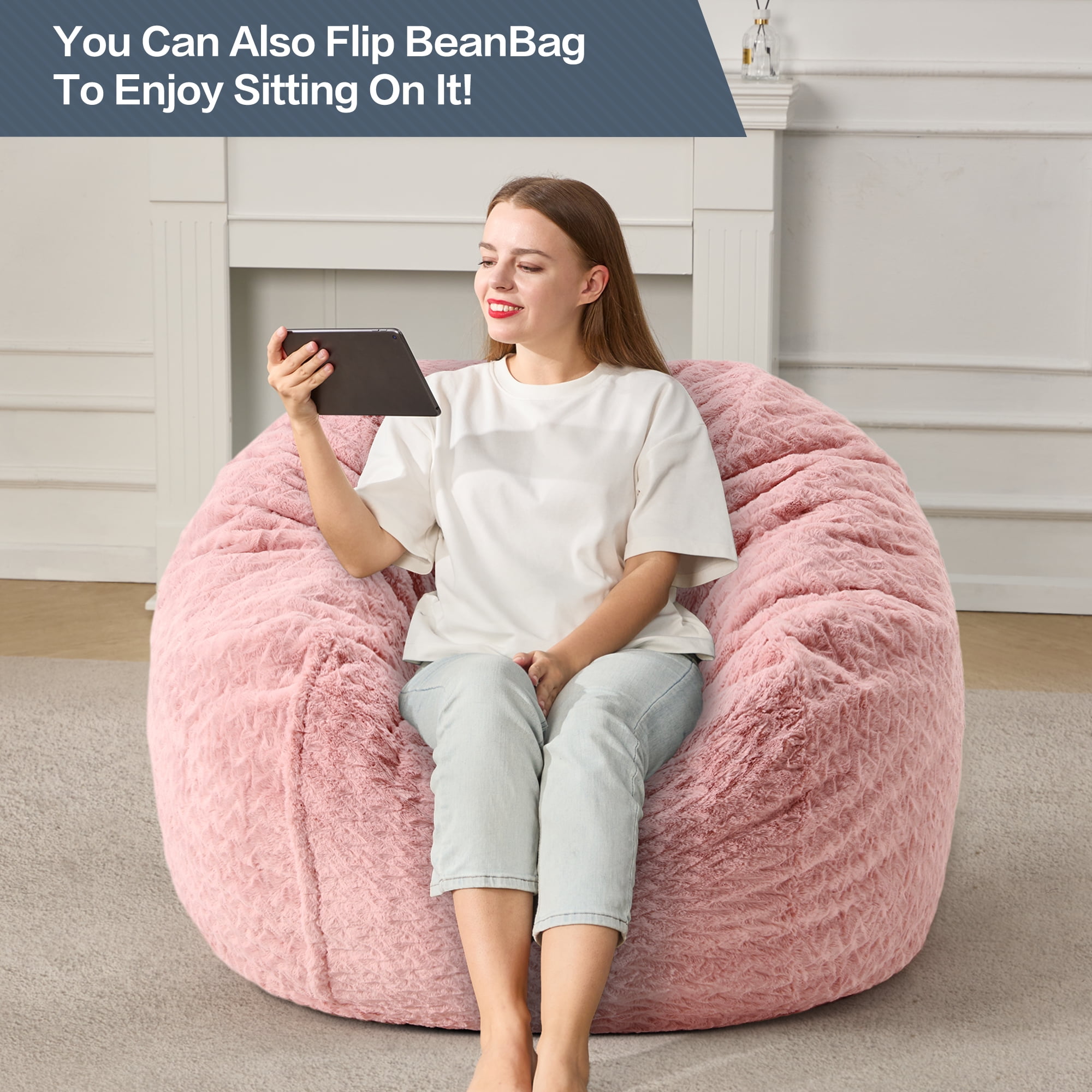 Hobestluk 3ft Bean Bag Chairs for Adults Large Beanbag Chair with Chevron Plush Fur Cover Big Bean Bag Chair for Living Room Bedroom Dorm Office - Pink (36” x 36” x 22”)