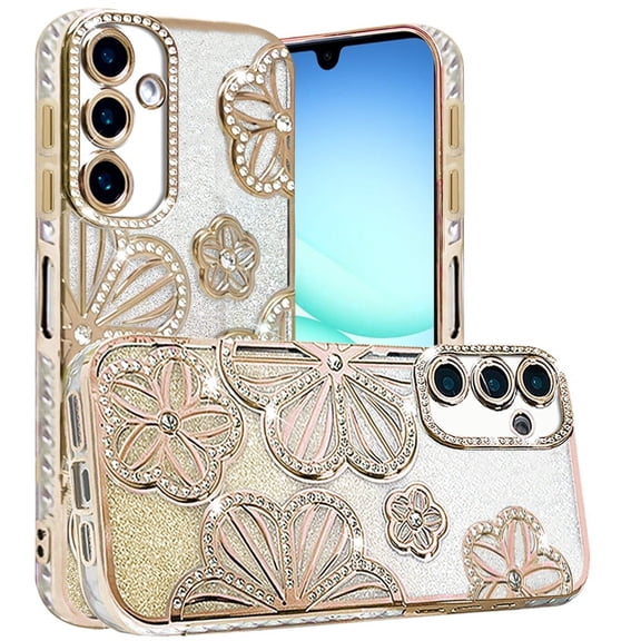 XPM for Samsung Galaxy A17 5G Phone Case, Luxury Flower Design Sparkle Glitter Diamond Rhinestone Shimmer Bling Plating Thick TPU Hard PC Cover for Galaxy A17 (Flower Gold)