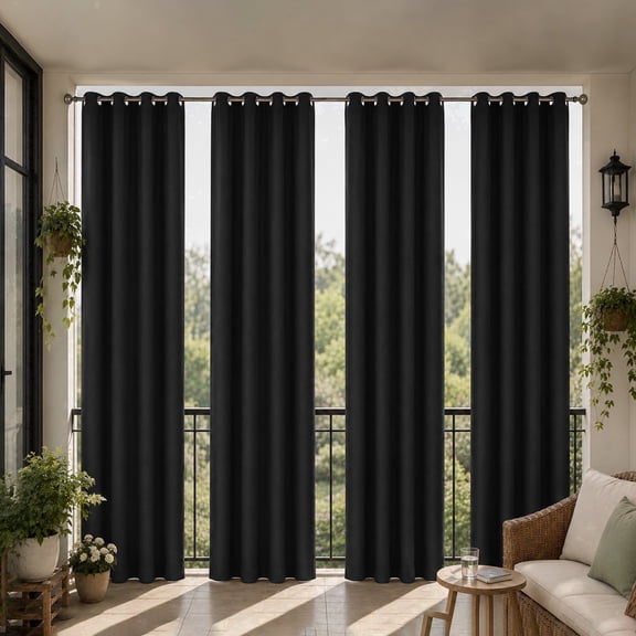LANTINGSHENG Linen Texture Curtains Thermal Grommet Top 100% Blackout Curtains for Living Room,Black,38" W x 84" L,4 Panels