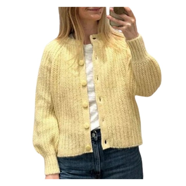 Gupgi Women Knitted Cardigan Slim Sweaters Casual Button Down Crewneck Jacket Fall Solid Color Outwear