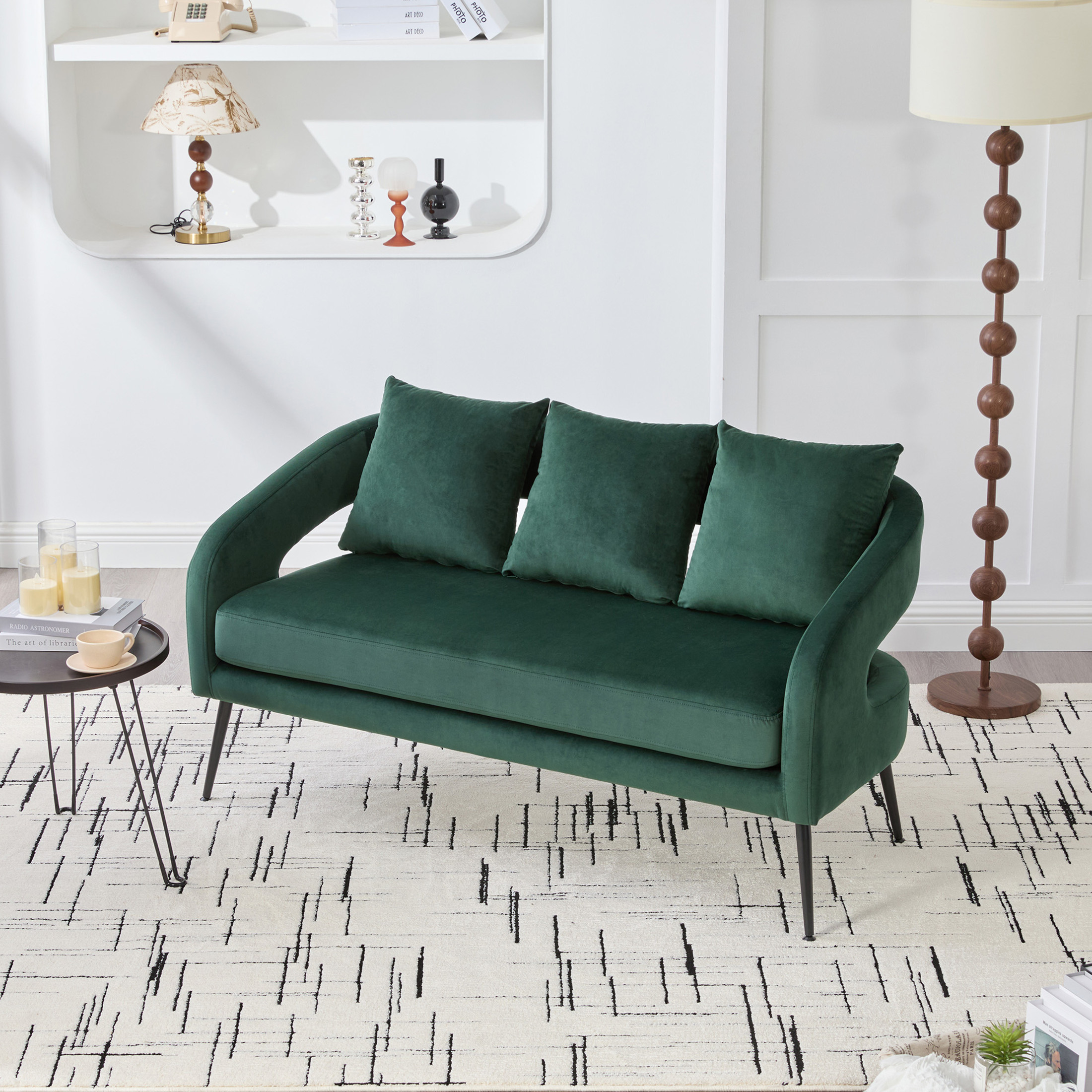 Noble House Norford 53.7" Velvet Open-Back Loveseat Settee, 2-Seater Small Sofa with Pillows and Metal Legs, Green