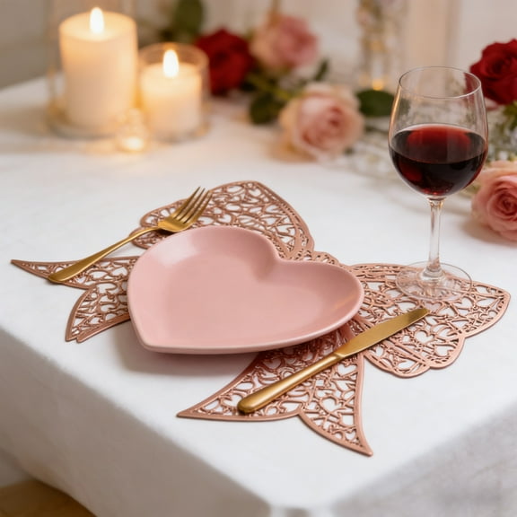 FeiFu Valentine's Day Bowknot PVC Table Mat Waterproof Heat-Proof Non-Slip Placemat Oil-Proof Easy-Clean Table Decor for Kitchen Dining Room Western Meal Use