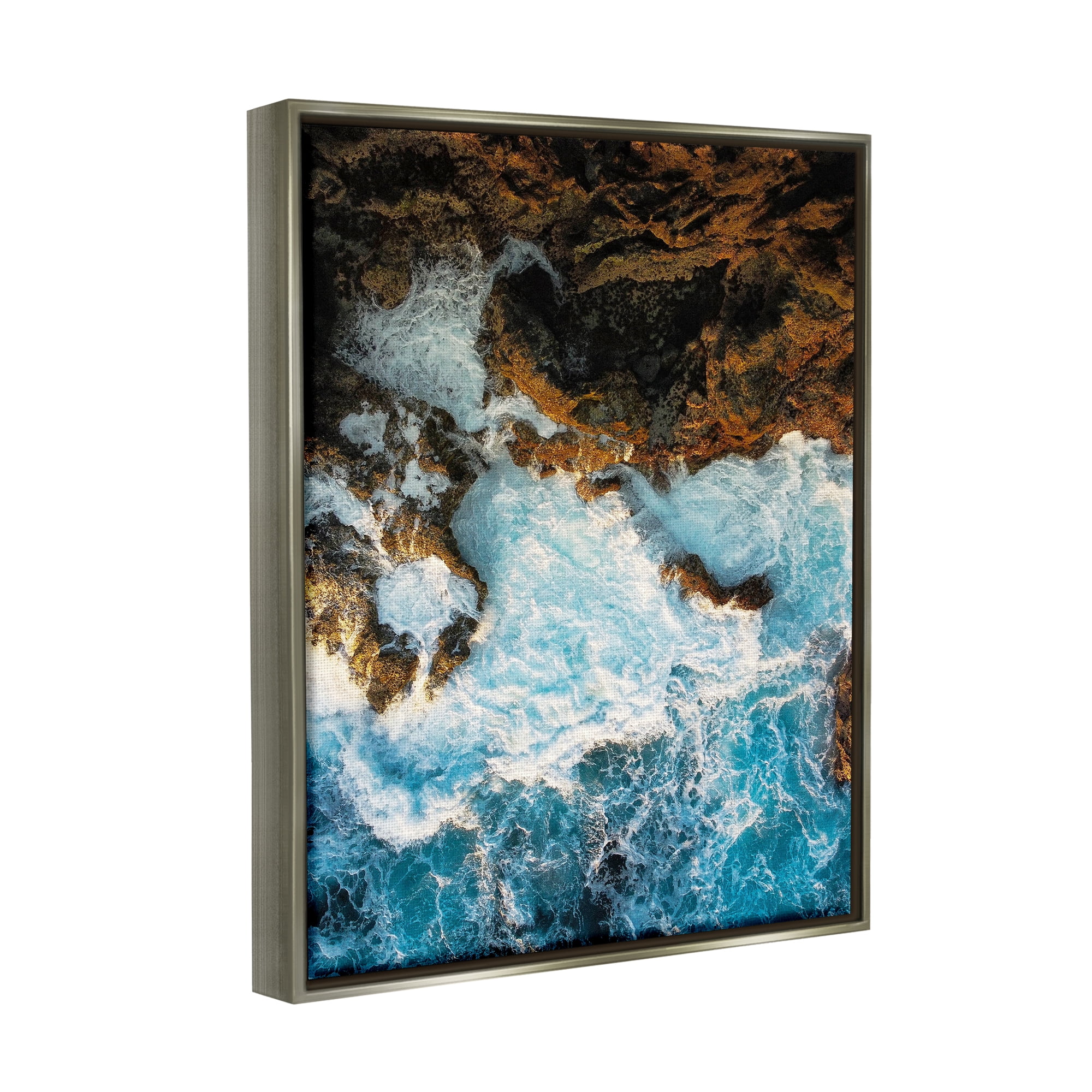Stupell Industries Rocky Ocean Waves View Nature Photography Gray Floater Framed Art Print Wall Art, 25 x 31