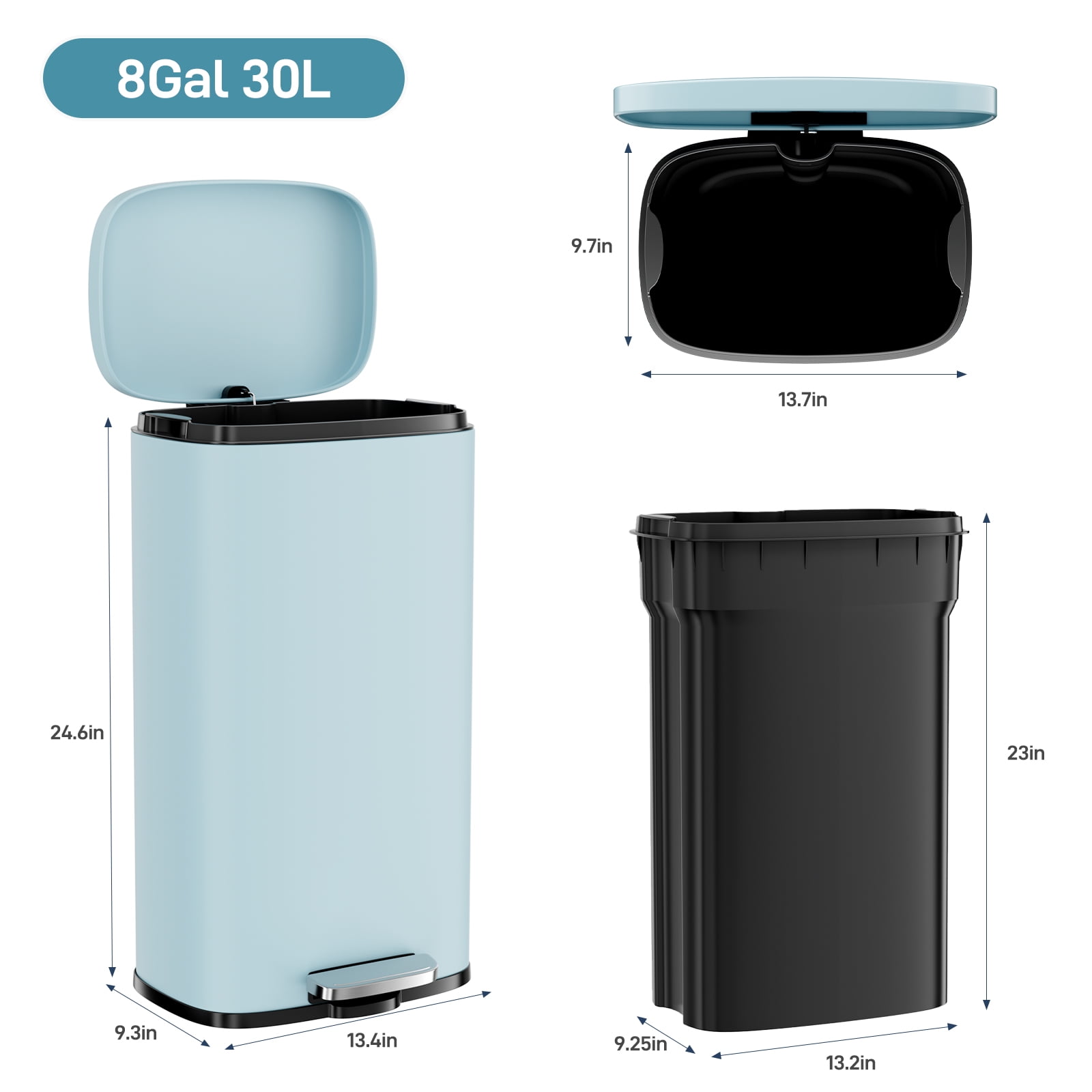 TLSUNNY 8 Gal Stainless Steel Step Trash Can, Kitchen Garbage Bin with Soft-Close Lid, Rectangular